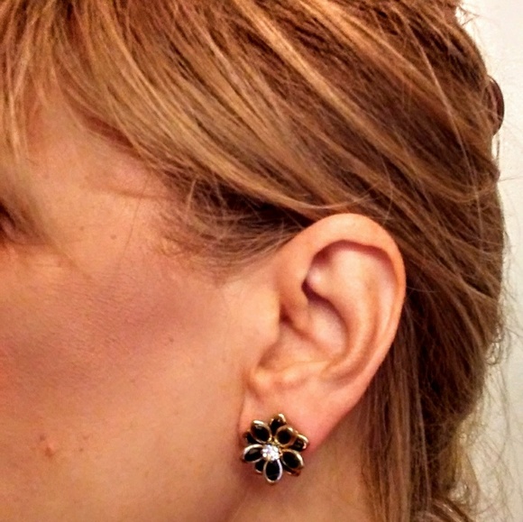 ROSE Camelia Flower Earrings BLACK w Simulated Diamonds - Picture 3 of 7
